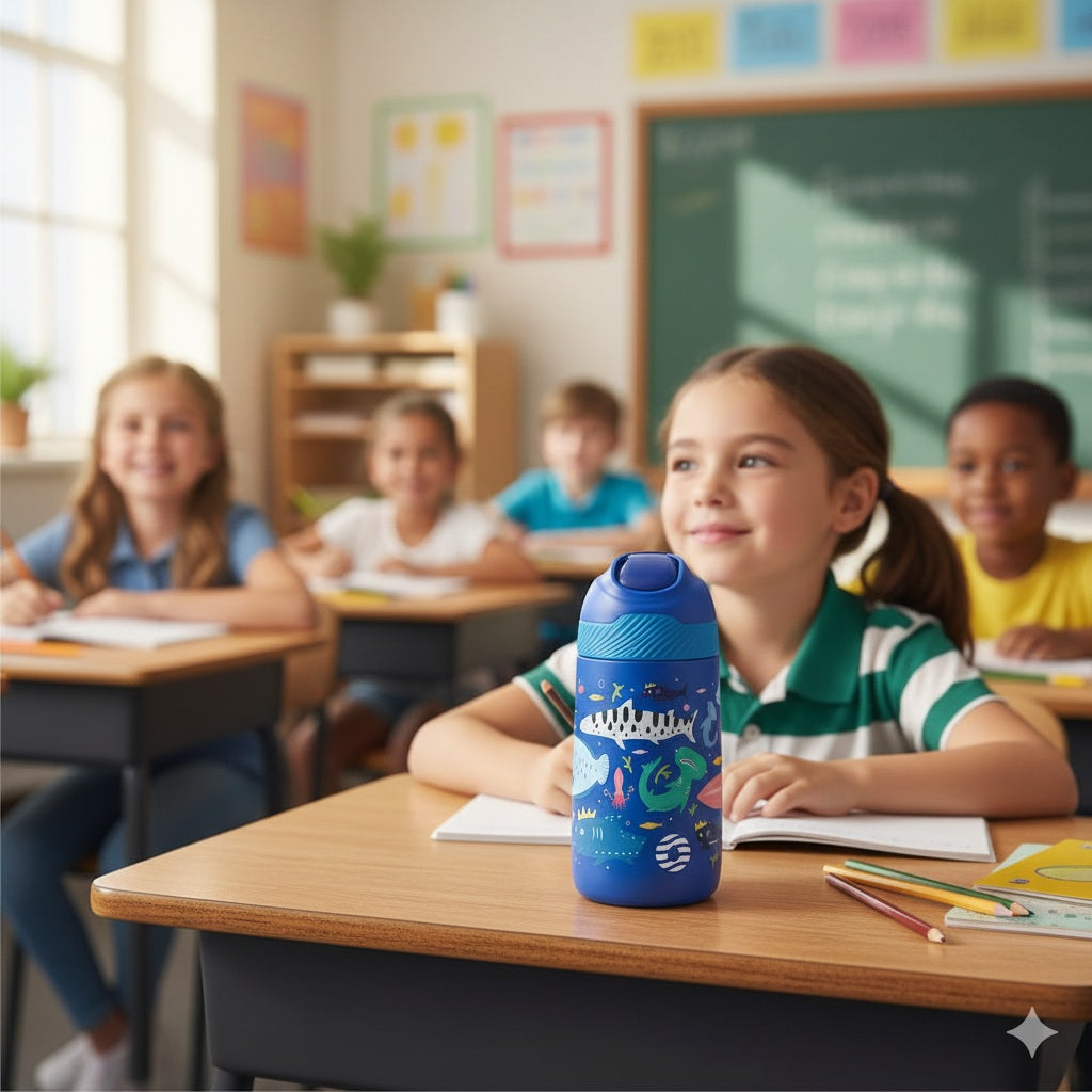 Gourde enfant bleue avec motifs galaxie posée sur un bureau d'école devant une élève.