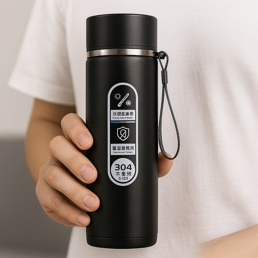 Gourde isotherme noire en inox 304 avec dragonne, tenue en main, idéale pour garder les boissons chaudes ou froides