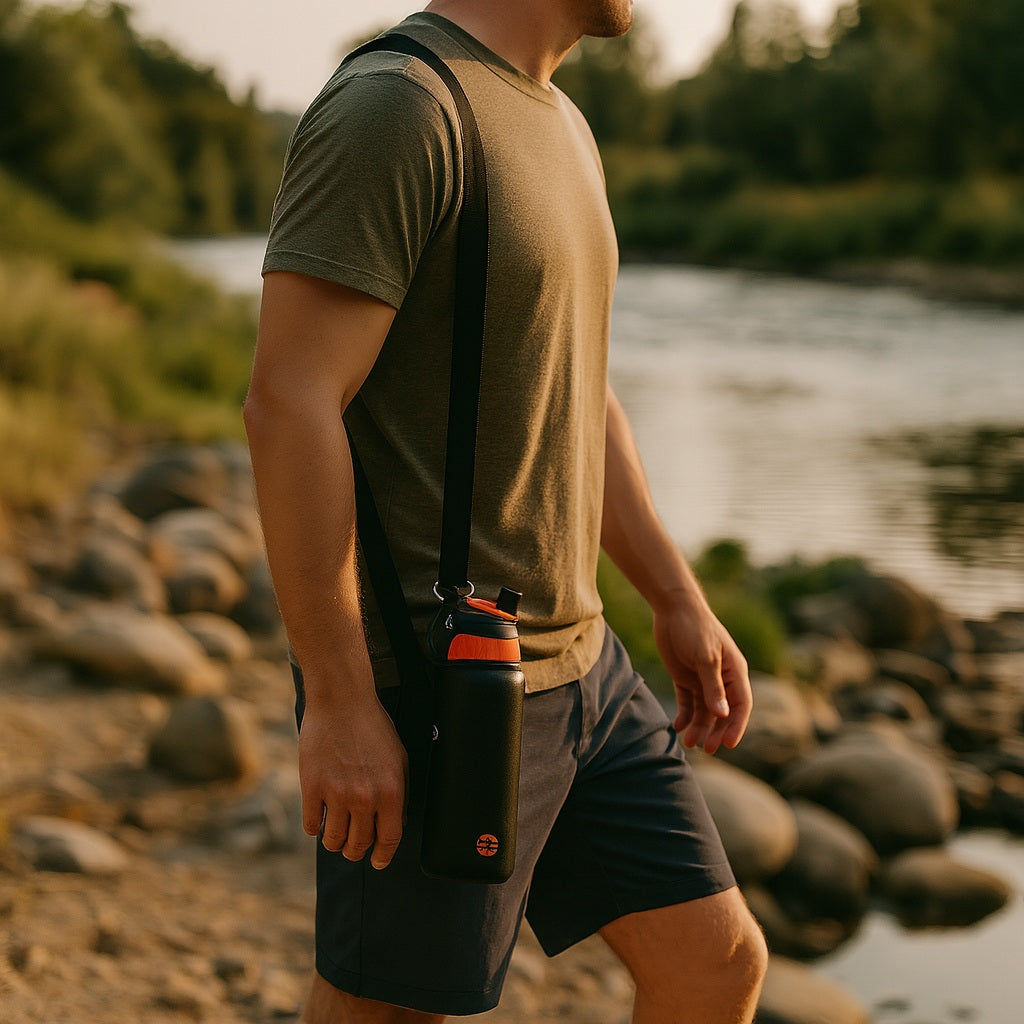 Homme en randonnée portant une gourde noire avec bandoulière près d’une rivière.