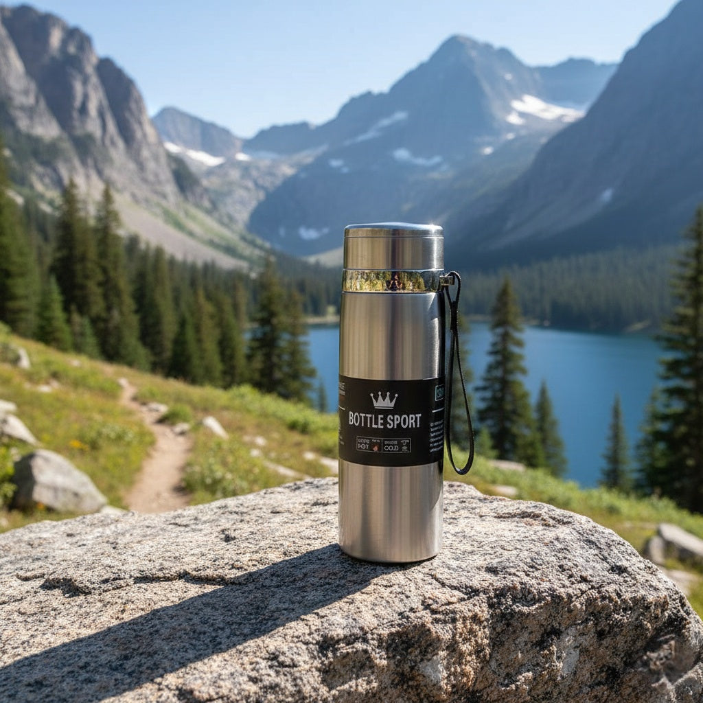 Gourde isotherme en acier inoxydable vert mat avec bouchon noir, posée sur un rocher en pleine nature, idéale pour la randonnée et les activités outdoor