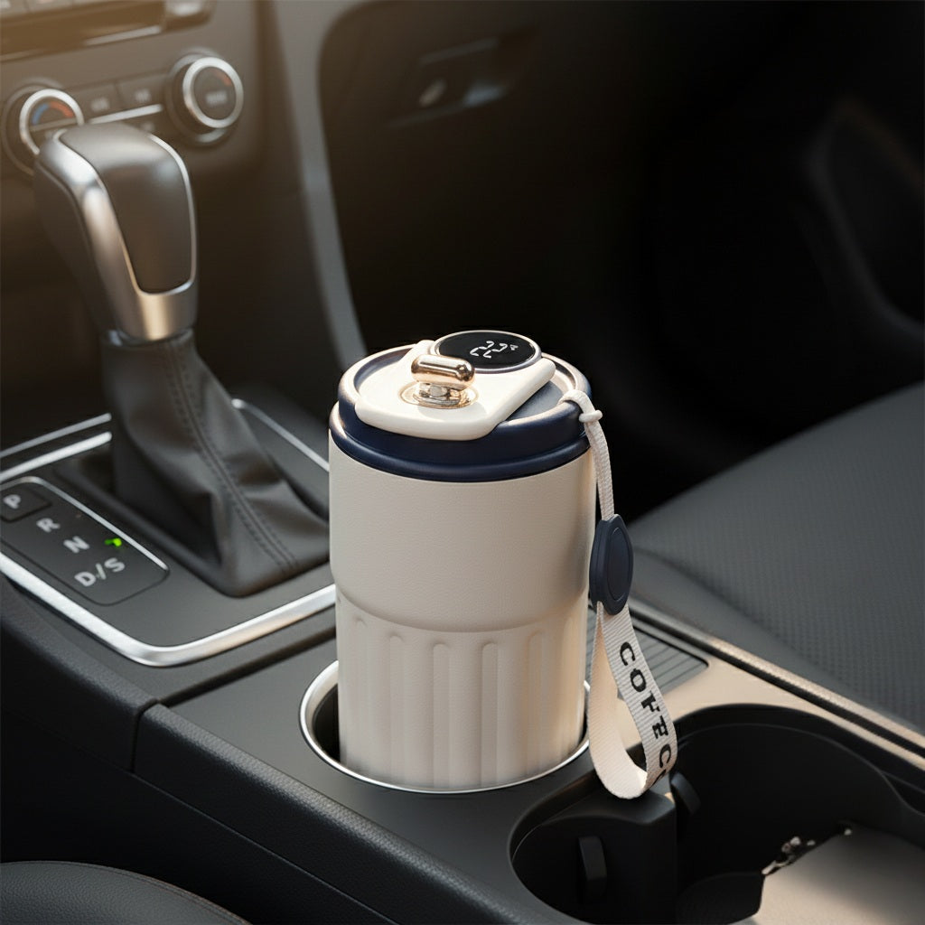 Gourde isotherme en acier inoxydable bleu marine avec bouchon assorti, placée dans un porte-gobelet de voiture