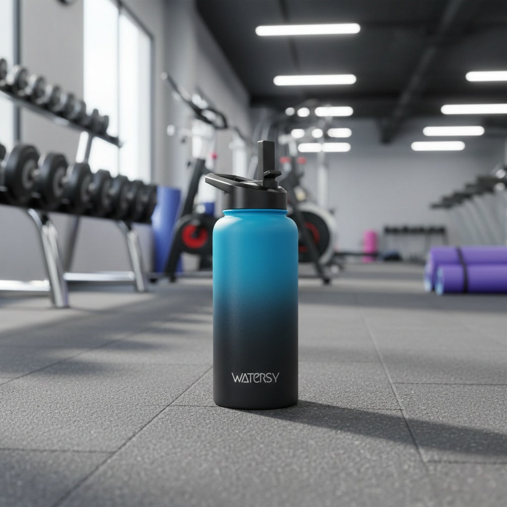 Gourde isotherme en acier inoxydable finition argentée avec bouchon noir, posée sur un sol de salle de sport avec des haltères en arrière-plan