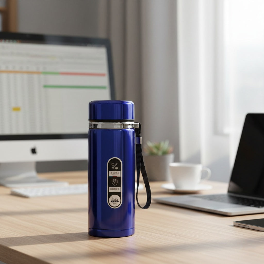 Gourde isotherme en acier inoxydable finition argentée, posée sur un bureau près d’un clavier et d’une plante, idéale pour le travail ou le quotidien
