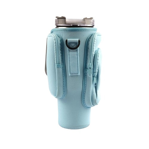 Étui en néoprène bleu avec pochettes pour gourde isotherme, pratique et résistant