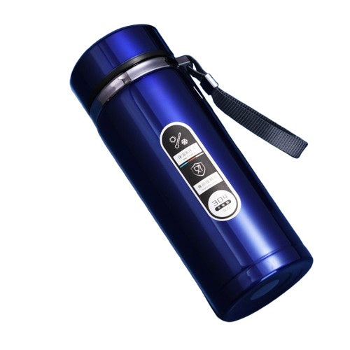 Bouteille isotherme bleu métallisé avec affichage digital de température et dragonne de transport