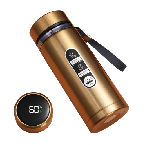 Bouteille isotherme dorée avec affichage digital de température 60°C et dragonne de transport