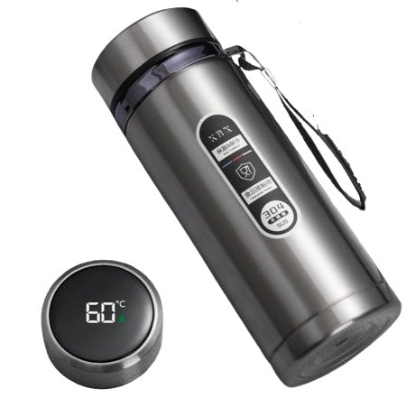 Bouteille isotherme en inox avec affichage digital de température 60°C et dragonne de transport