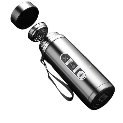 Bouteille isotherme en inox avec affichage digital de température, couvercle ouvert et filtre à thé intégré