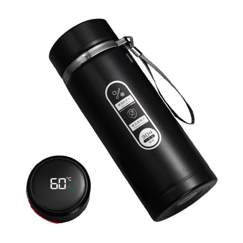 Bouteille isotherme noire avec affichage digital de température 60°C et dragonne de transport
