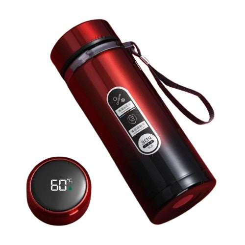 Bouteille isotherme rouge et noire avec affichage digital de température 60°C et dragonne de transport