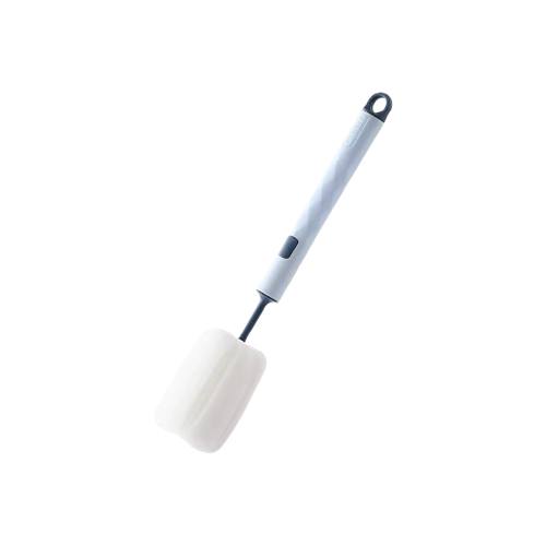Brosse de nettoyage à long manche bleue avec tête en éponge blanche, idéale pour nettoyer les gourdes, bouteilles et thermos en profondeur