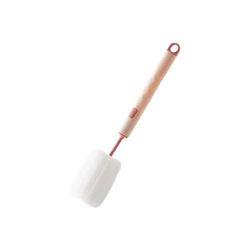 Brosse de nettoyage à long manche rose avec tête souple blanche, idéale pour nettoyer les gourdes et bouteilles réutilisables