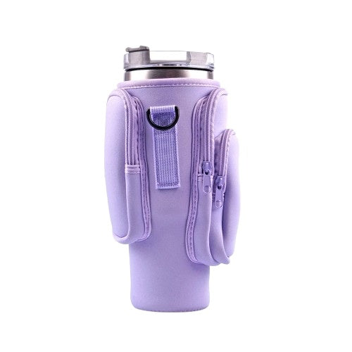Étui en néoprène violet avec pochettes pour gourde isotherme, pratique pour le sport et le voyage