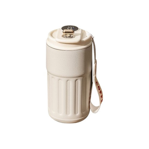 Gobelet isotherme beige avec affichage digital de température et dragonne blanche COFFEE