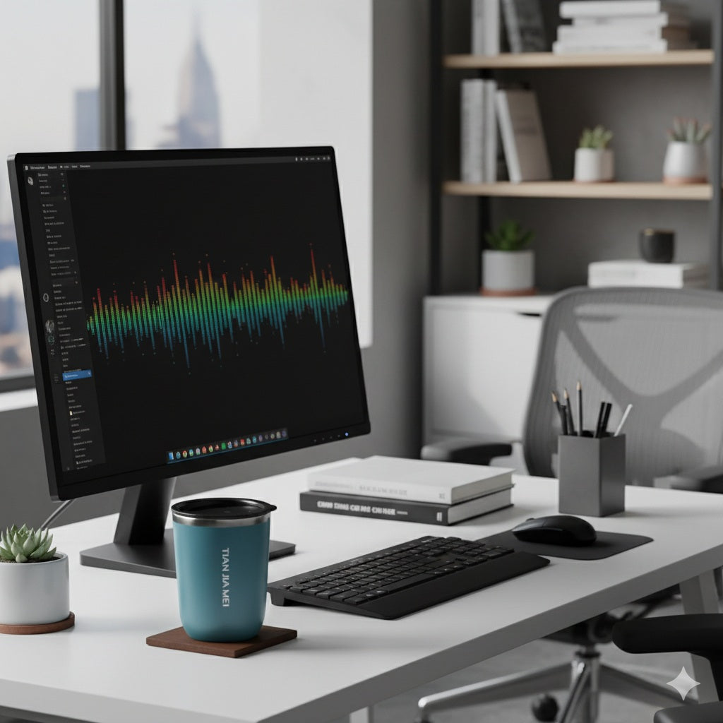 Gobelet isotherme bleu avec couvercle noir posé sur un bureau moderne à côté d’un ordinateur.