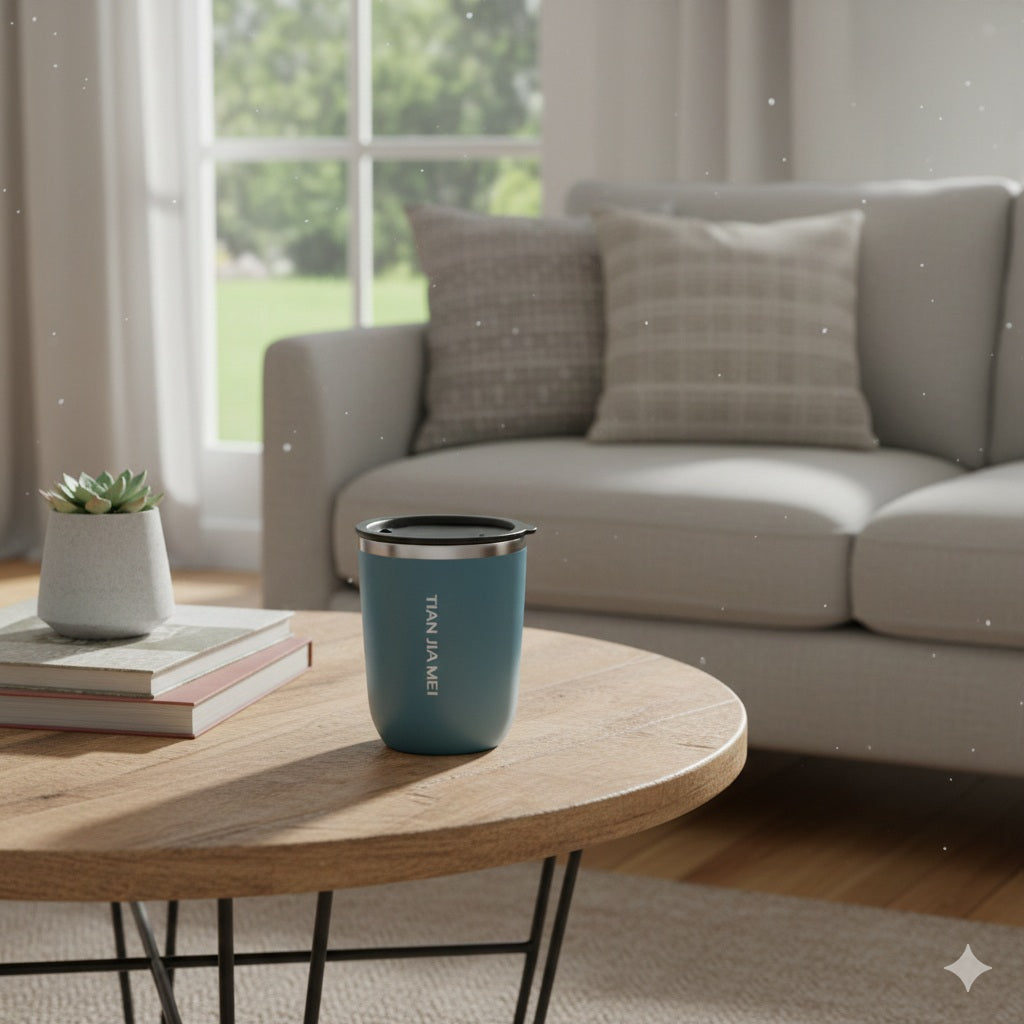 Gobelet isotherme bleu avec couvercle noir posé sur une table basse en bois dans un salon lumineux et moderne.
