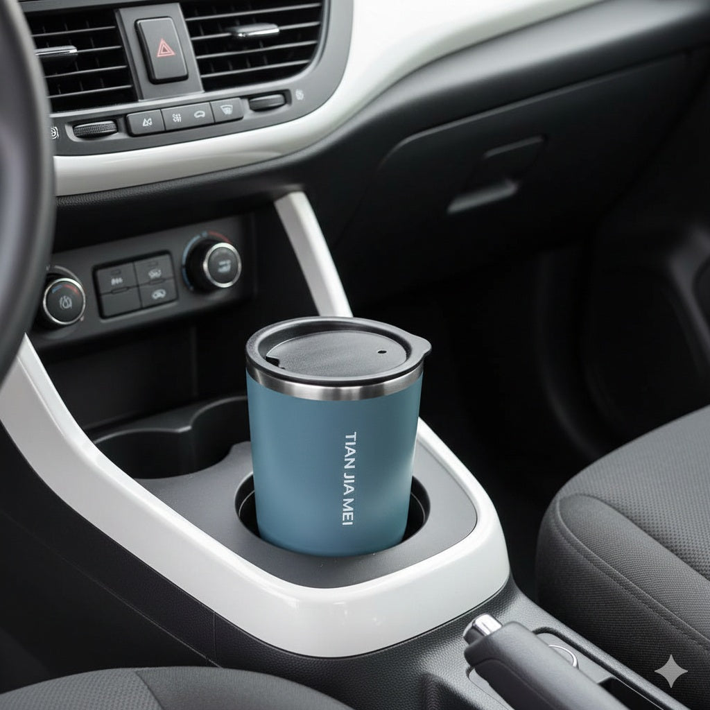 Gobelet isotherme bleu avec couvercle noir placé dans un porte-gobelet de voiture.
