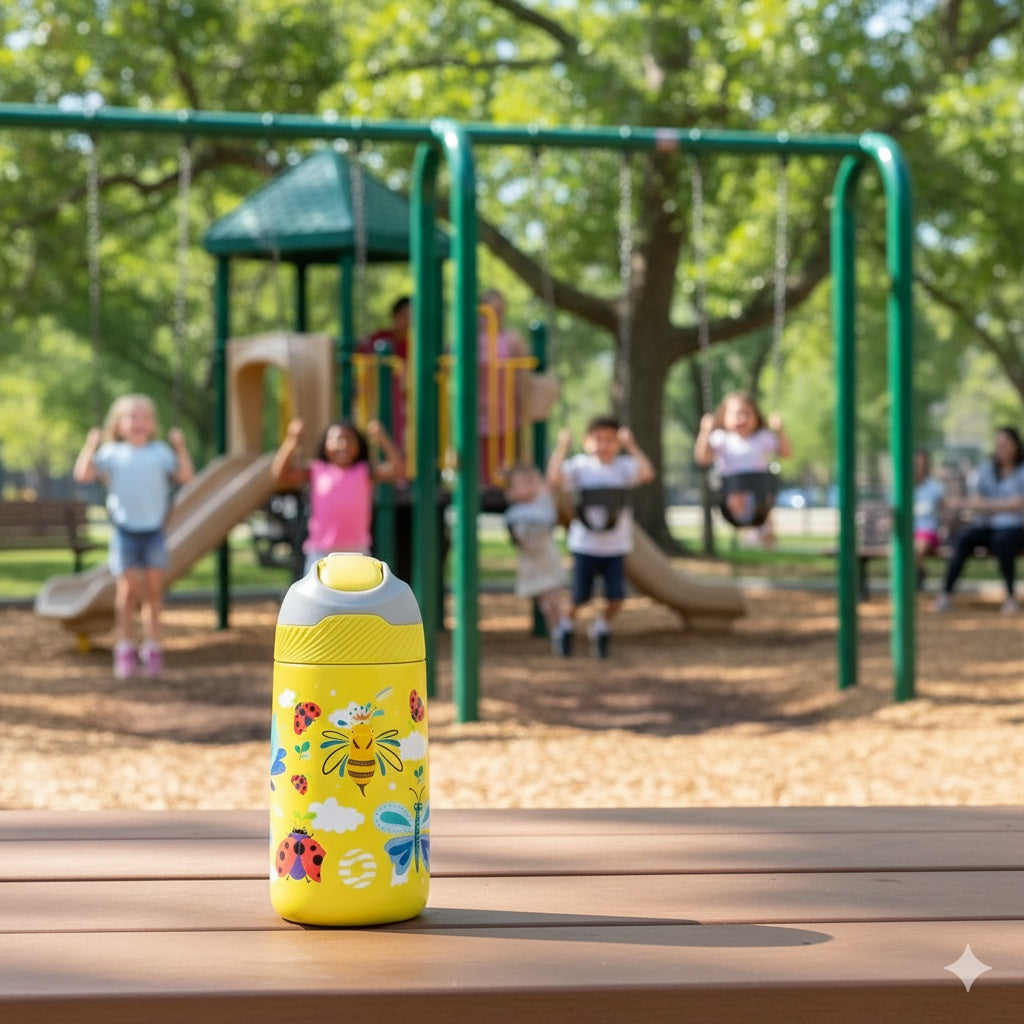 Gourde enfant jaune avec motifs d’abeilles et de coccinelles posée sur une table dans une aire de jeux.