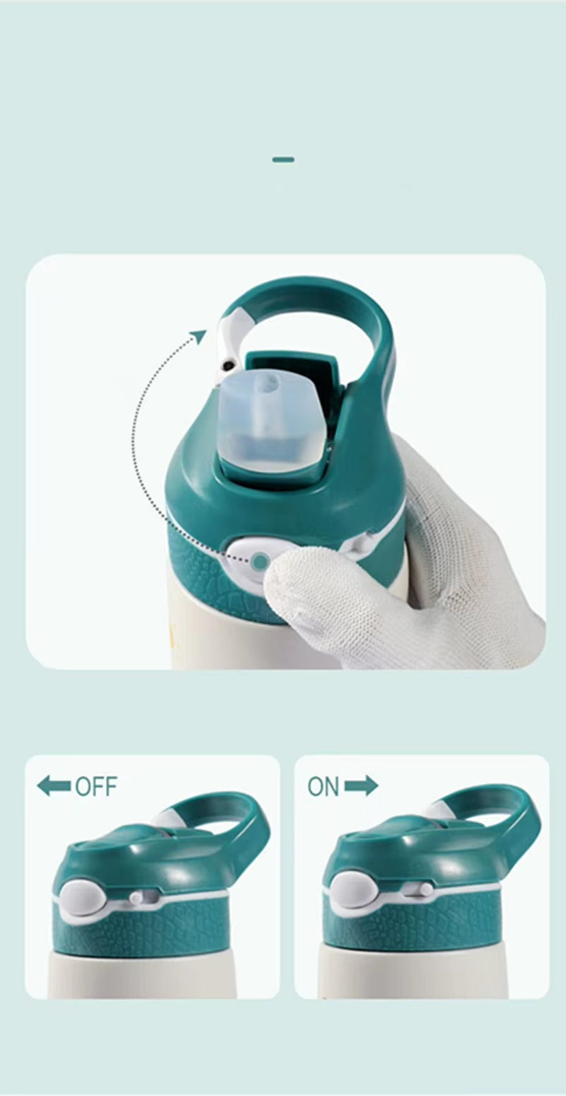 Gourde enfant isotherme Best Kids avec bouchon paille vert, démonstration du système de sécurité ON/OFF