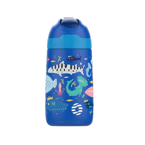 Gourde enfant isotherme en inox bleue avec motifs océaniques, poissons, baleine et animaux marins, bouchon anti-fuite, 350 ml