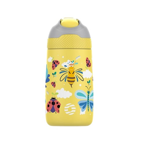 Gourde enfant isotherme en inox jaune avec motifs abeille, coccinelle et papillon, bouchon anti-fuite, 350 ml