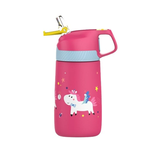 Gourde enfant isotherme en inox rose avec motif licorne, paille intégrée et anse de transport, 350 ml