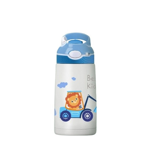 Gourde enfant isotherme 350 ml en acier inoxydable, couleur bleue avec dessin lion sur tracteur, bouchon pratique anti-fuite