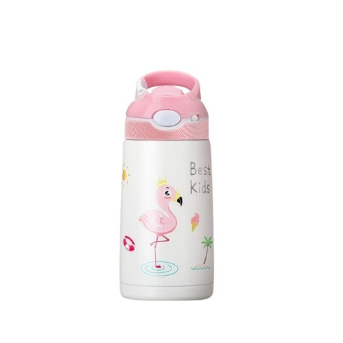 Gourde enfant isotherme 350 ml en acier inoxydable, couleur rose avec dessin flamant rose, bouchon anti-fuite pratique