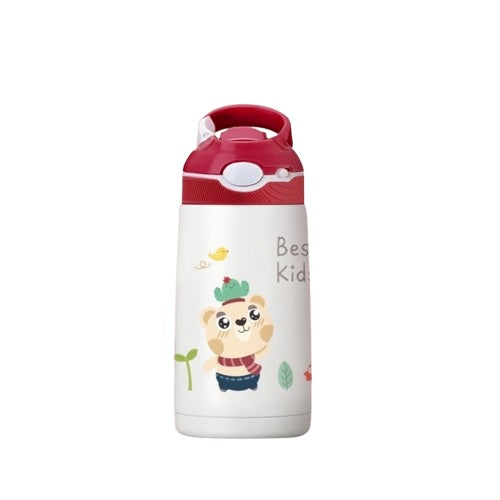 Gourde enfant isotherme 350 ml en acier inoxydable, couleur rouge avec dessin ourson, bouchon anti-fuite pratique