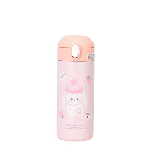 Gourde isotherme pour enfant en inox rose avec motif ourson mignon et fraises, bouchon anti-fuite sécurisé, 350 ml