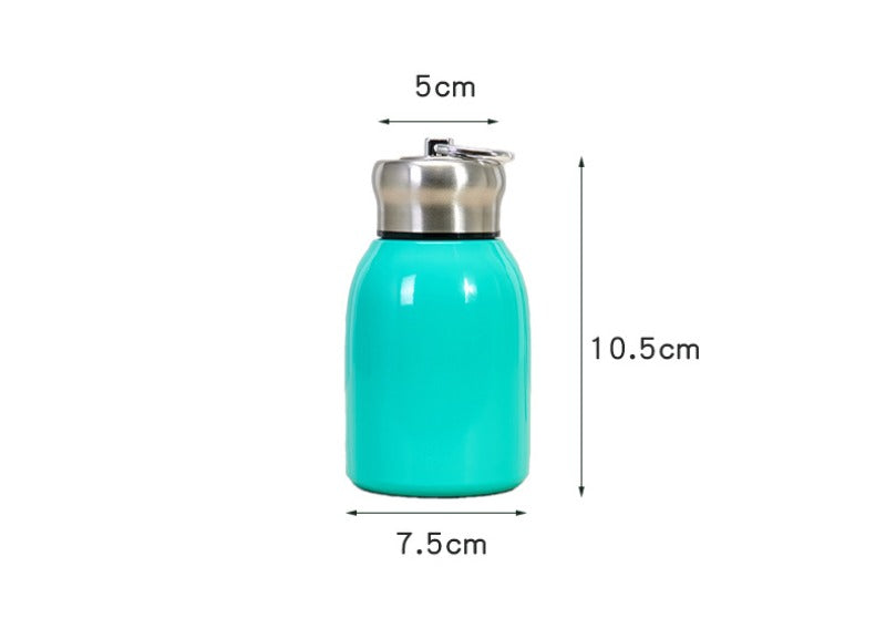 Gourde isotherme en acier inoxydable 350 ml, coloris bleu, avec bouchon métal et anneau de transport – dimensions 10,5 x 7,5 cm