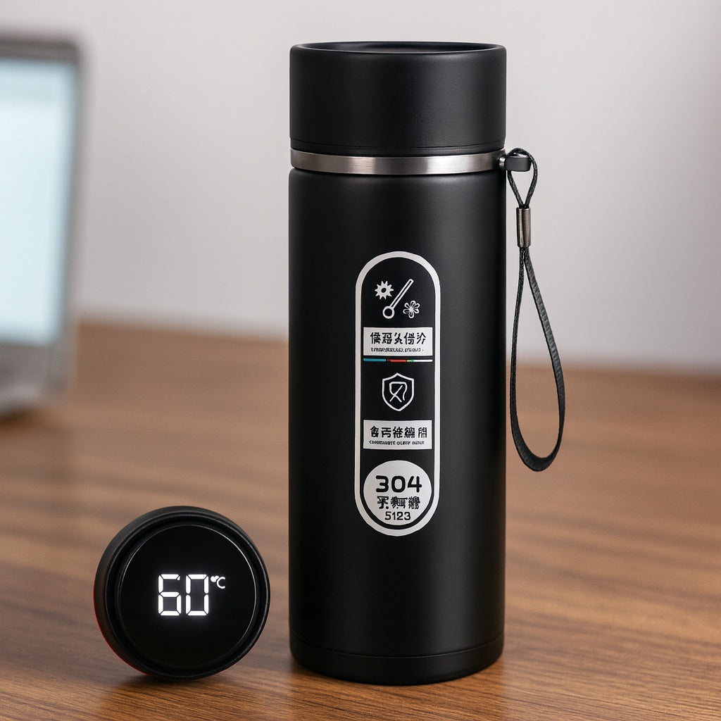 Gourde isotherme noire en inox 304 avec affichage de la température sur le couvercle et dragonne de transport.