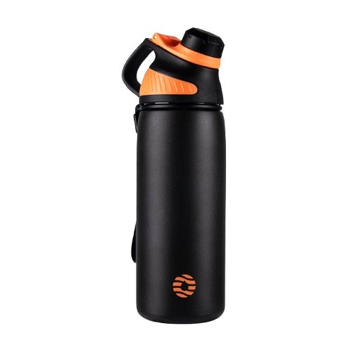 Gourde isotherme noire en acier inoxydable avec bec verseur orange, bouteille de sport réutilisable