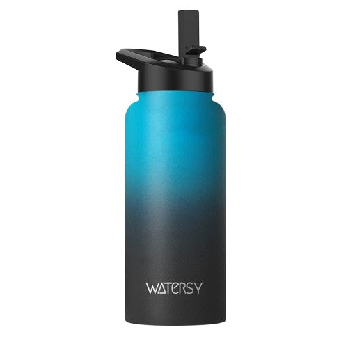 Gourde isotherme WATERSY dégradé bleu et noir avec bouchon sport et paille intégrée