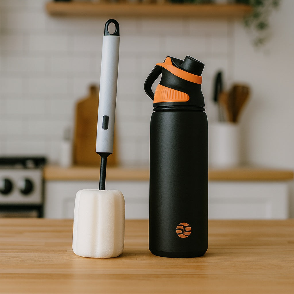 Gourde noire avec embout orange posée sur un plan de travail, accompagnée d’une brosse de nettoyage.