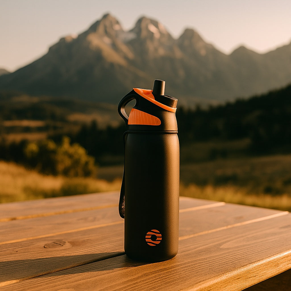 Gourde de sport noire et orange posée sur une table en extérieur avec des montagnes en arrière-plan.