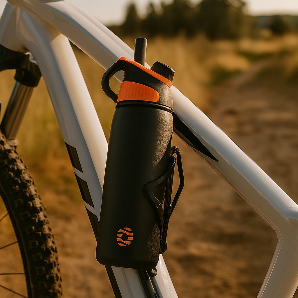 Gourde de sport noire avec accents orange fixée au cadre d’un vélo sur un chemin en pleine nature.