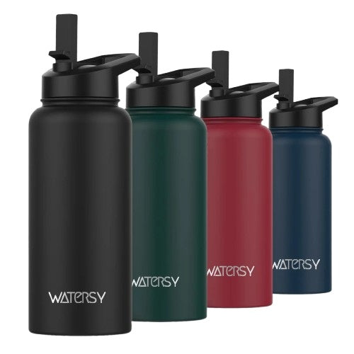 Lot de gourdes isothermes WATERSY en noir, vert, rouge et bleu avec bouchon sport et paille intégrée