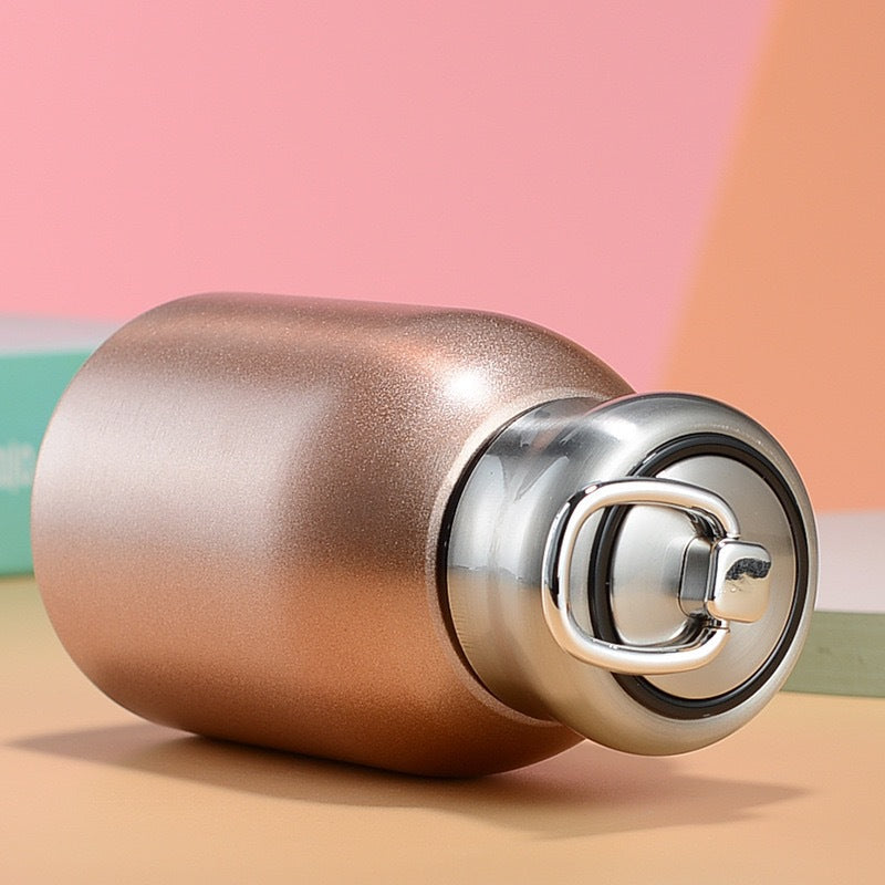 Mini gourde isotherme 350 ml en acier inoxydable, couleur rose or métallique avec bouchon étanche