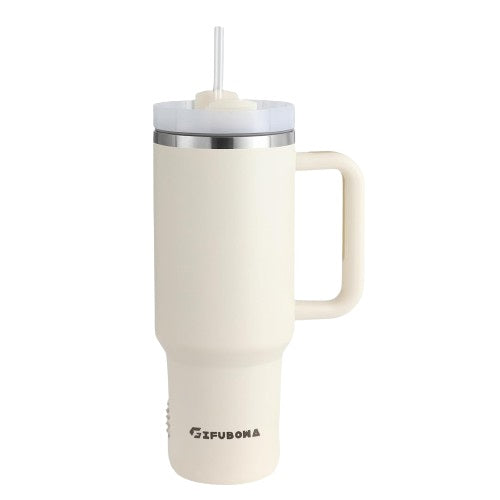 Mug isotherme beige avec anse et paille réutilisable, couvercle transparent