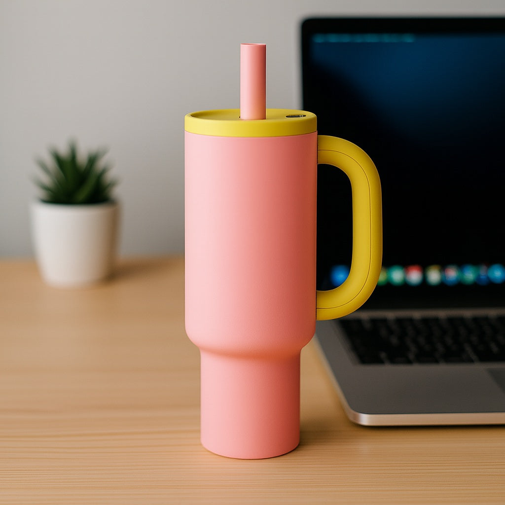 Mug isotherme rose avec anse jaune et paille, posé sur un bureau à côté d’un ordinateur portable.