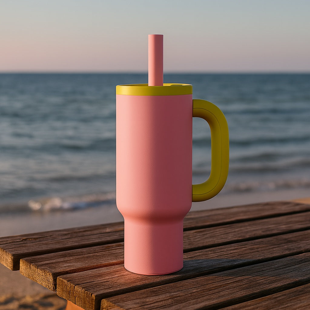 Mug isotherme rose avec anse jaune et paille, posé sur une table en bois au bord de la mer au coucher du soleil.