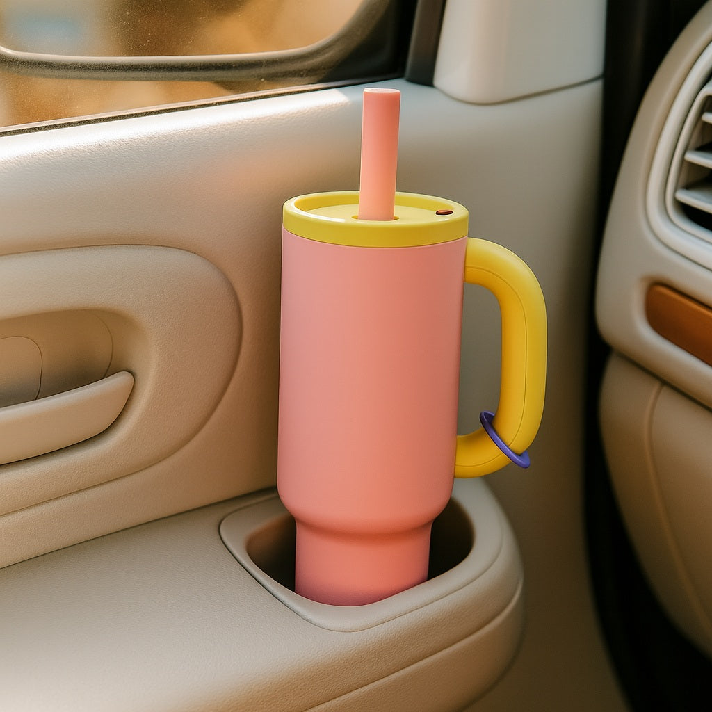 Mug isotherme rose et jaune avec poignée et paille, placé dans un porte-gobelet de voiture.