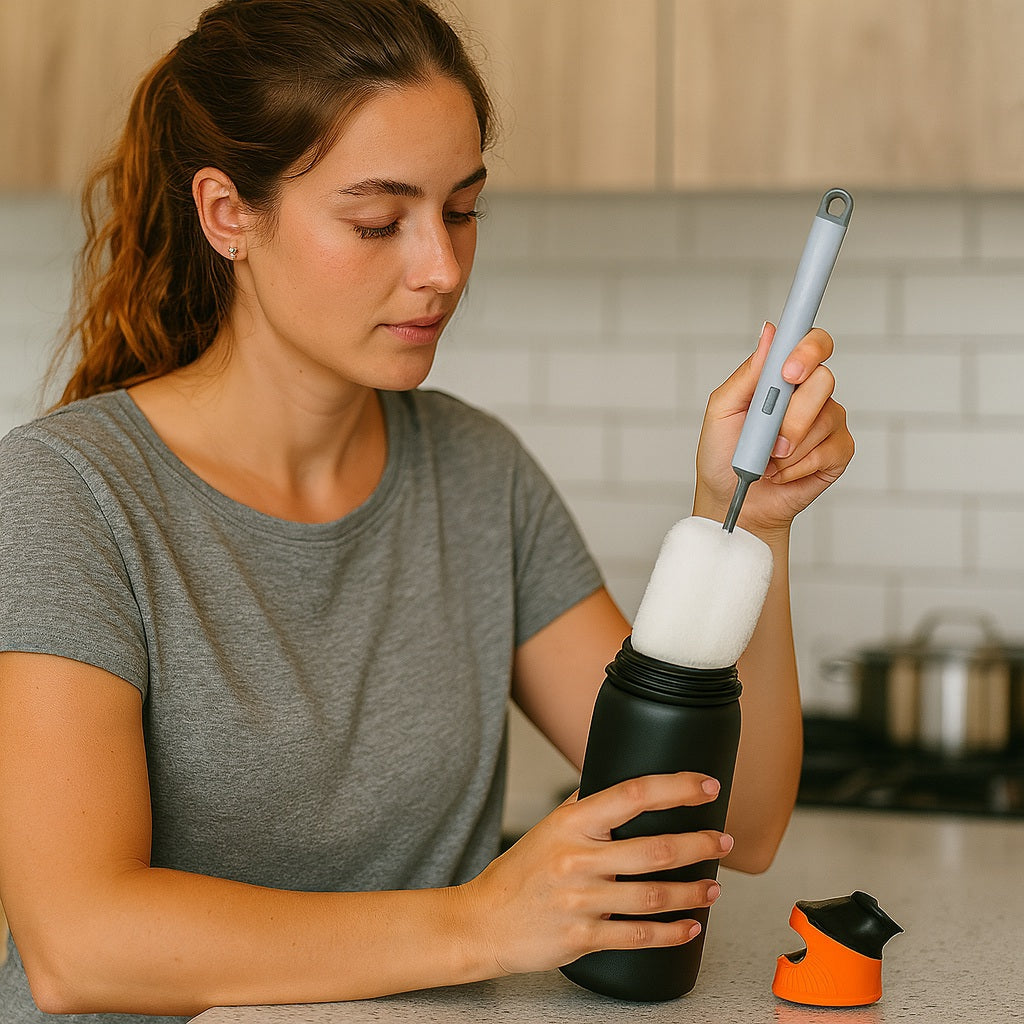 Femme nettoyant une gourde noire avec une brosse dans une cuisine.