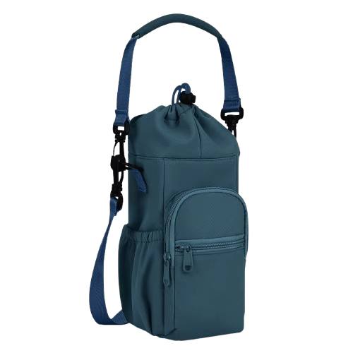 Porte-gourde à bandoulière bleu avec poches de rangement, idéal pour le sport, la randonnée ou les voyages