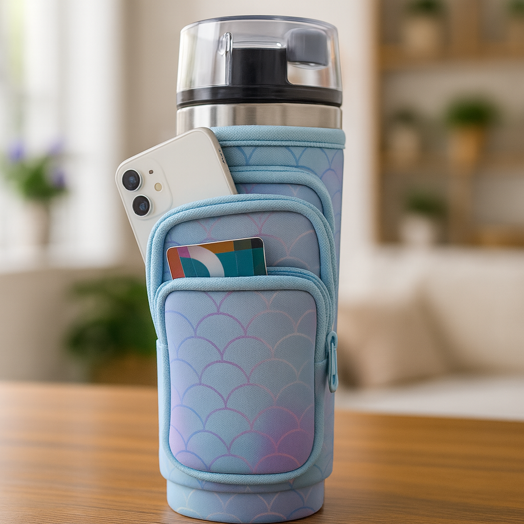 Porte-gourde isotherme bleu motif écailles avec poche smartphone et cartes, idéal pour transporter une bouteille au quotidien